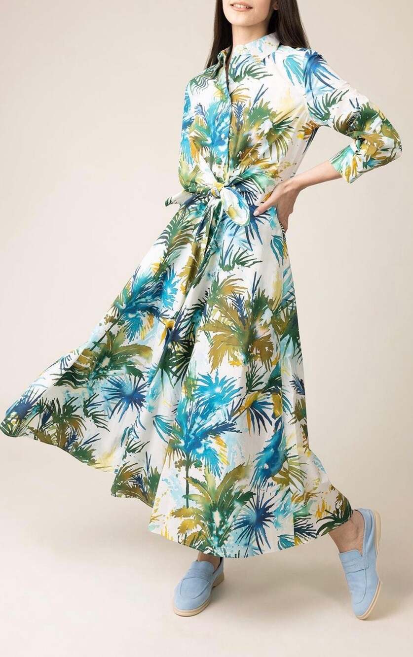 Sara Roka Dralla Palm Print Cotton Shirt Dress